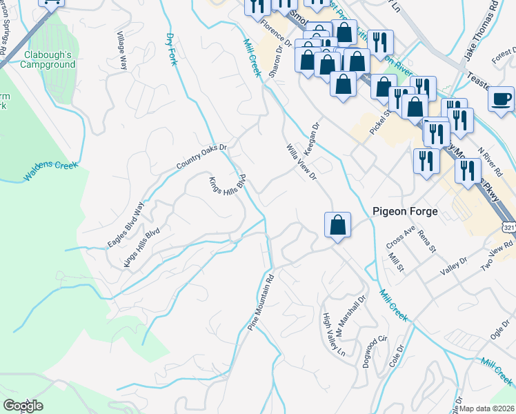 map of restaurants, bars, coffee shops, grocery stores, and more near 2 Seth Road in Pigeon Forge