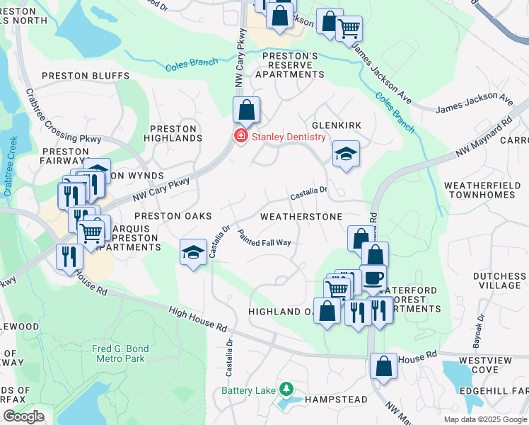 map of restaurants, bars, coffee shops, grocery stores, and more near 1910 Castalia Drive in Cary