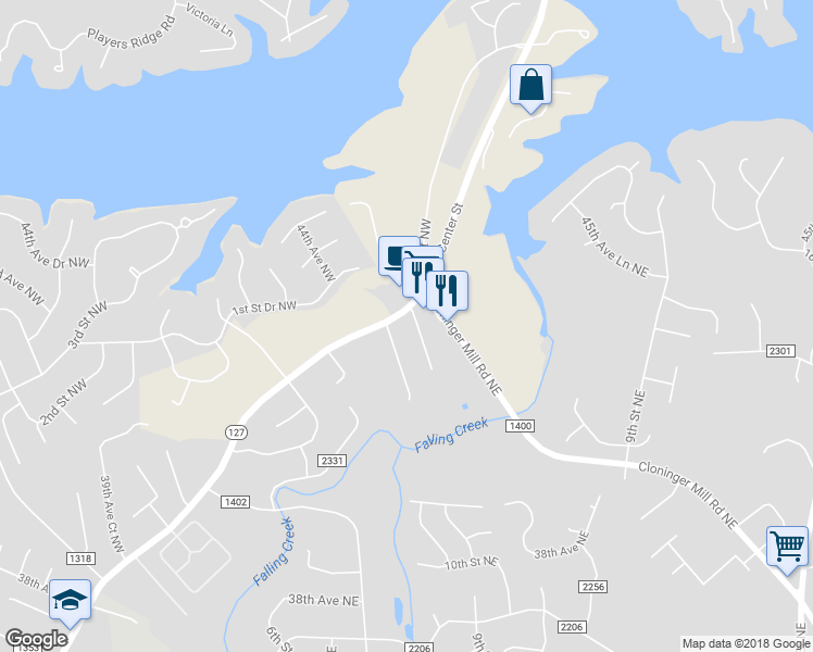 map of restaurants, bars, coffee shops, grocery stores, and more near 4410 North Center Street in Hickory