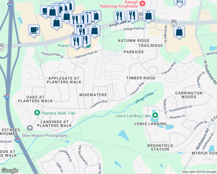 map of restaurants, bars, coffee shops, grocery stores, and more near 624 Jumping Frog Lane in Knightdale