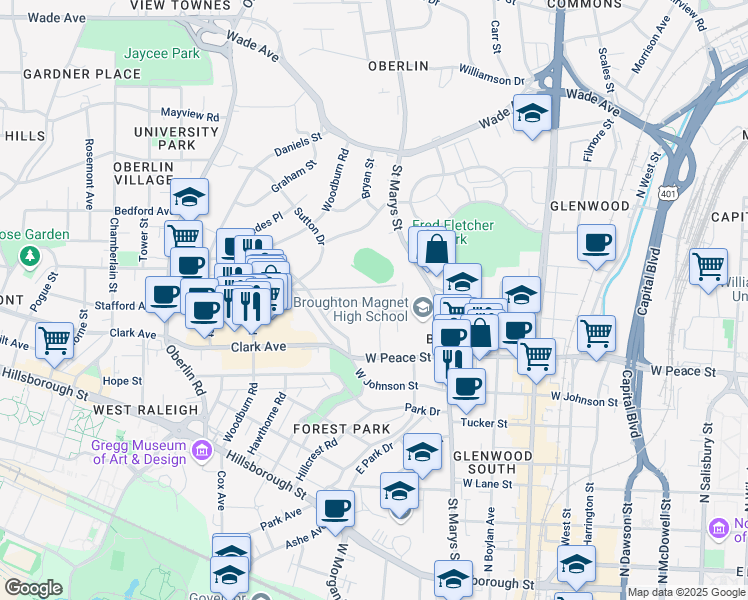 map of restaurants, bars, coffee shops, grocery stores, and more near 720 Bishops Park Drive in Raleigh