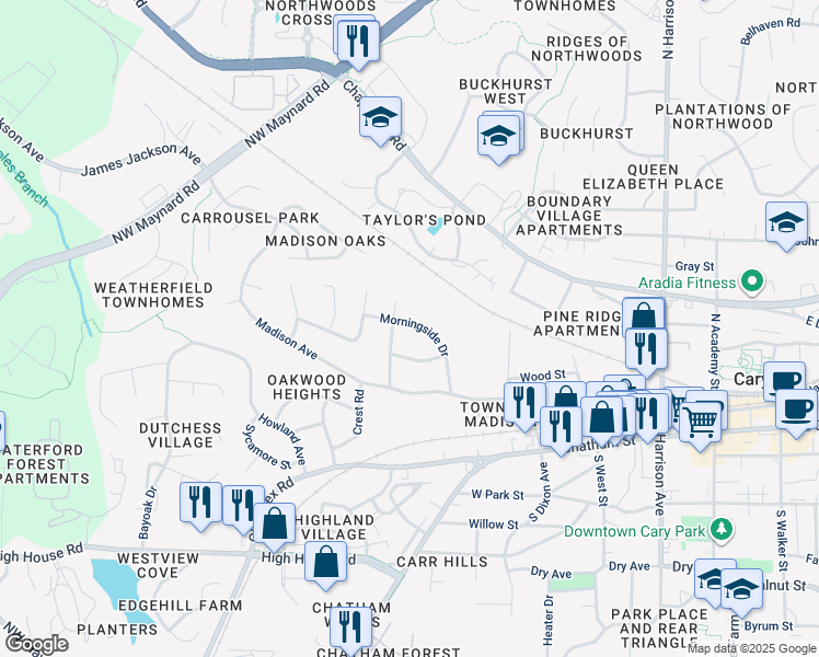 map of restaurants, bars, coffee shops, grocery stores, and more near 523 Morningside Drive in Cary