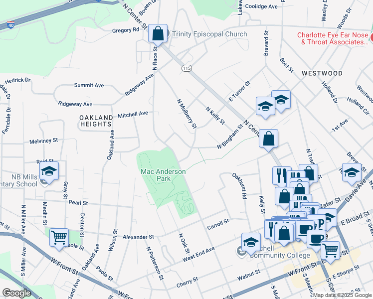 map of restaurants, bars, coffee shops, grocery stores, and more near 501 North Mulberry Street in Statesville