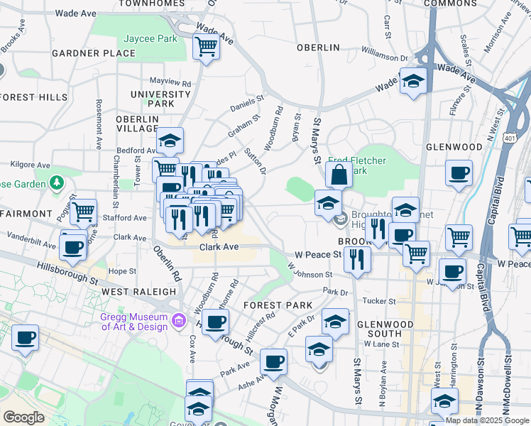 map of restaurants, bars, coffee shops, grocery stores, and more near 1020 West Peace Street in Raleigh