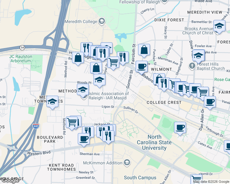 map of restaurants, bars, coffee shops, grocery stores, and more near 813 Wilcox Street in Raleigh