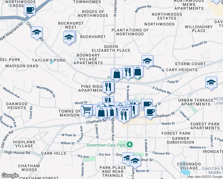 map of restaurants, bars, coffee shops, grocery stores, and more near 201 Adams Street in Cary