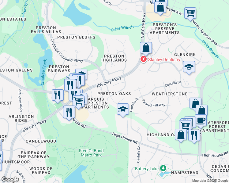 map of restaurants, bars, coffee shops, grocery stores, and more near 225 Roebling Lane in Cary