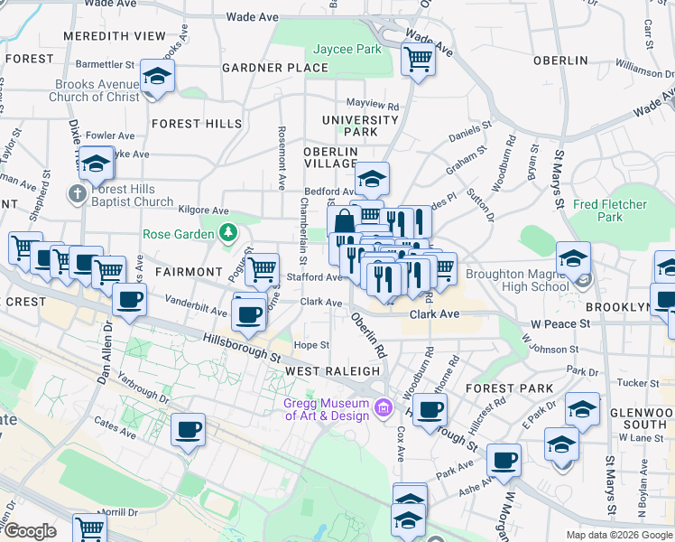 map of restaurants, bars, coffee shops, grocery stores, and more near in Raleigh