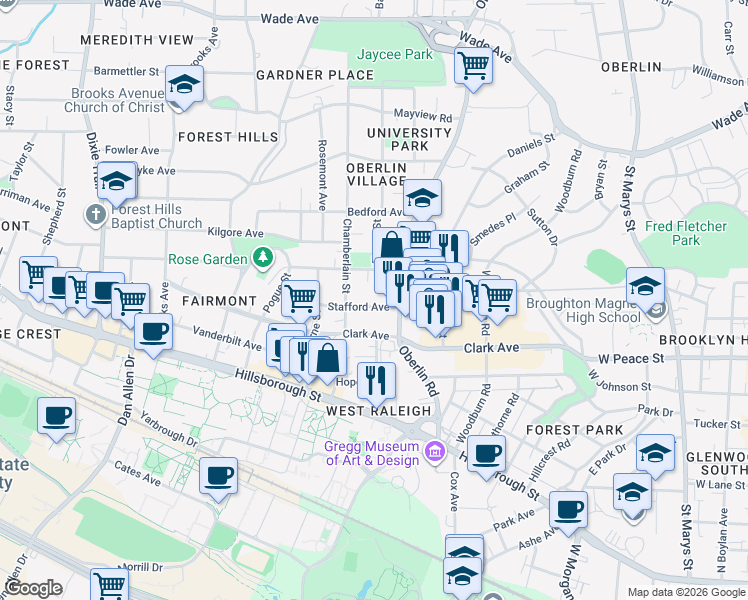 map of restaurants, bars, coffee shops, grocery stores, and more near 2305 Stafford Avenue in Raleigh