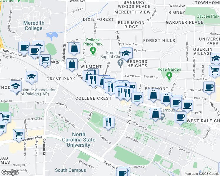 map of restaurants, bars, coffee shops, grocery stores, and more near 3105 Douglas Street in Raleigh