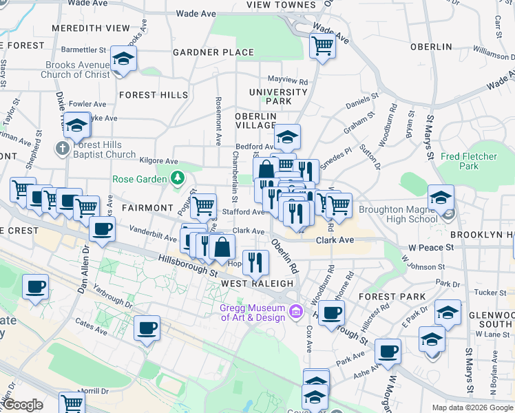 map of restaurants, bars, coffee shops, grocery stores, and more near 2305 Stafford Avenue in Raleigh