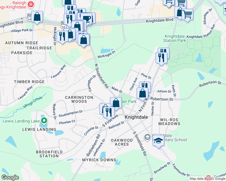 map of restaurants, bars, coffee shops, grocery stores, and more near 311 North Smithfield Road in Knightdale