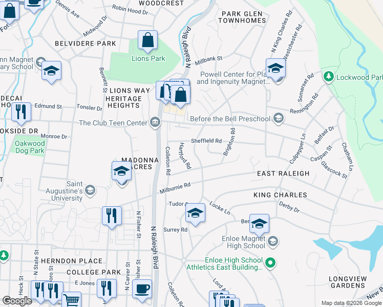 map of restaurants, bars, coffee shops, grocery stores, and more near 704 Hartford Road in Raleigh