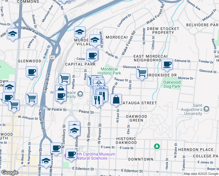 map of restaurants, bars, coffee shops, grocery stores, and more near 801 North Bloodworth Street in Raleigh