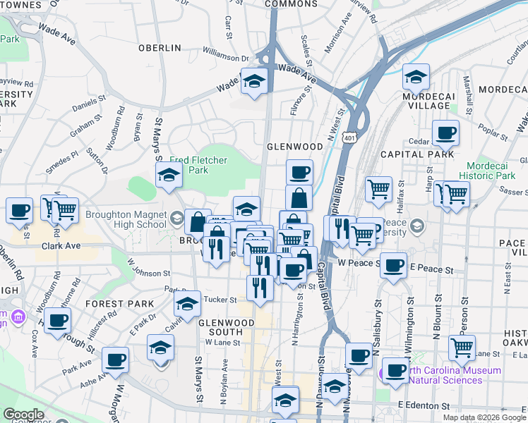 map of restaurants, bars, coffee shops, grocery stores, and more near 510 Devereux Street in Raleigh