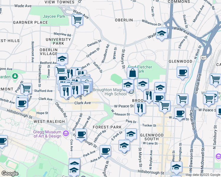 map of restaurants, bars, coffee shops, grocery stores, and more near 1020 West Peace Street in Raleigh