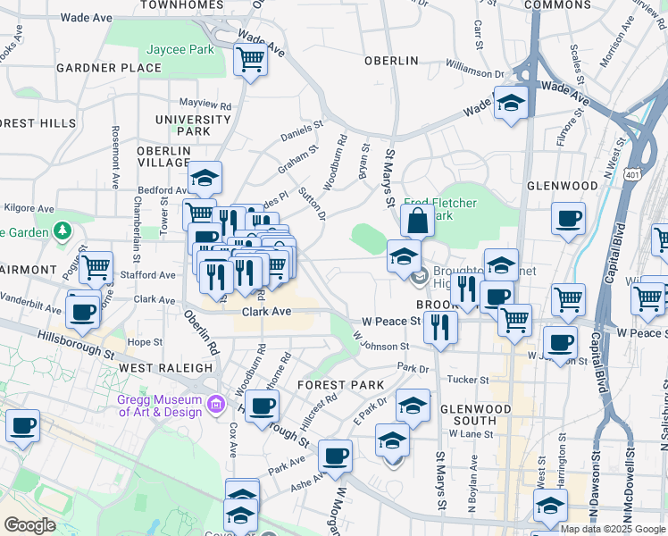map of restaurants, bars, coffee shops, grocery stores, and more near 1020 West Peace Street in Raleigh