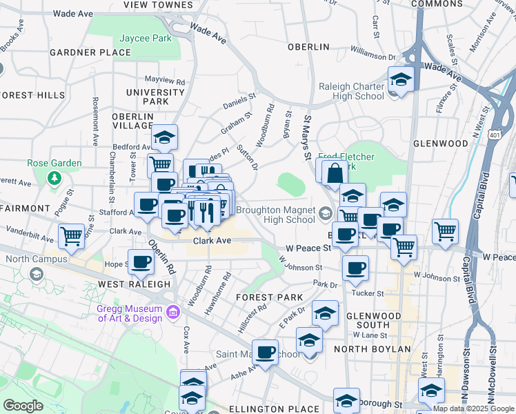 map of restaurants, bars, coffee shops, grocery stores, and more near 1020 West Peace Street in Raleigh