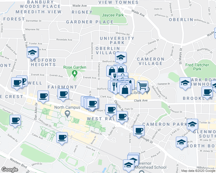 map of restaurants, bars, coffee shops, grocery stores, and more near 2305 Stafford Avenue in Raleigh