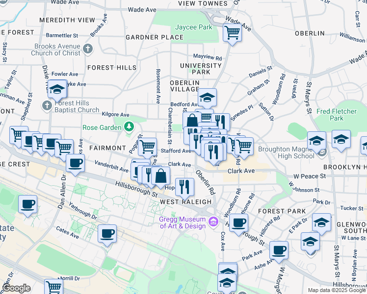map of restaurants, bars, coffee shops, grocery stores, and more near 2305 Stafford Avenue in Raleigh