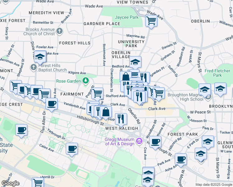 map of restaurants, bars, coffee shops, grocery stores, and more near 2305 Stafford Avenue in Raleigh