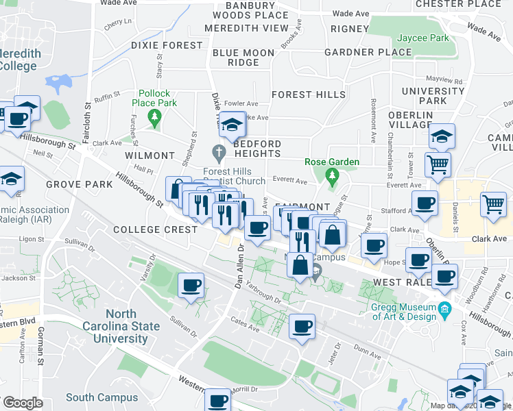 map of restaurants, bars, coffee shops, grocery stores, and more near 115 Brooks Avenue in Raleigh