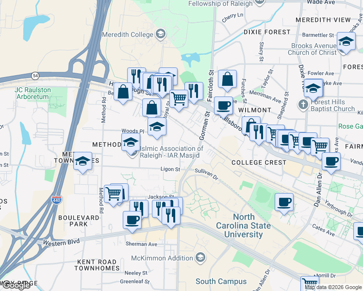 map of restaurants, bars, coffee shops, grocery stores, and more near 813 Wilcox Street in Raleigh