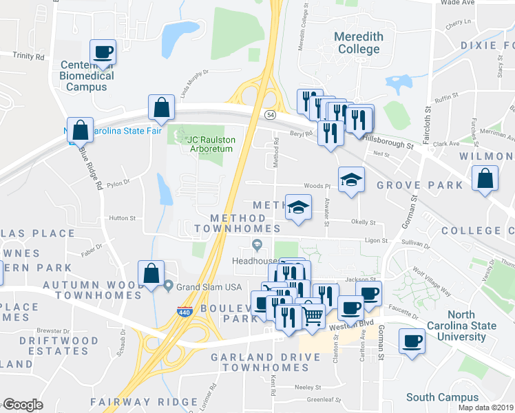 map of restaurants, bars, coffee shops, grocery stores, and more near 3111 Wilder Street in Raleigh