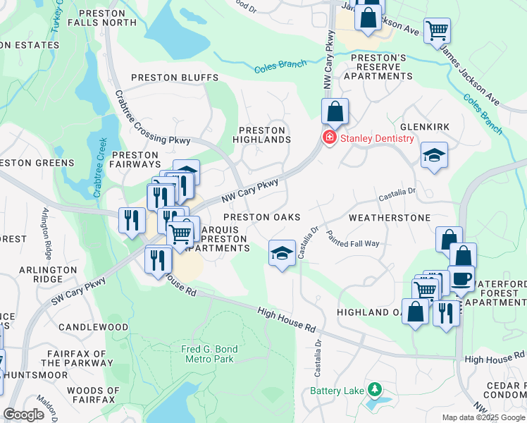 map of restaurants, bars, coffee shops, grocery stores, and more near 225 Roebling Lane in Cary