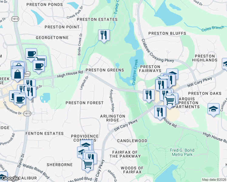 map of restaurants, bars, coffee shops, grocery stores, and more near 313 Arlington Ridge in Cary