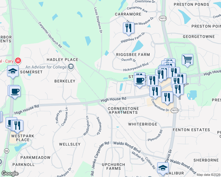 map of restaurants, bars, coffee shops, grocery stores, and more near 2128 High House Road in Cary