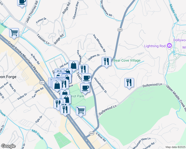 map of restaurants, bars, coffee shops, grocery stores, and more near 3404 Householder Street in Pigeon Forge