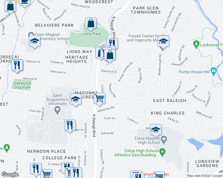 map of restaurants, bars, coffee shops, grocery stores, and more near 804 Hartford Road in Raleigh