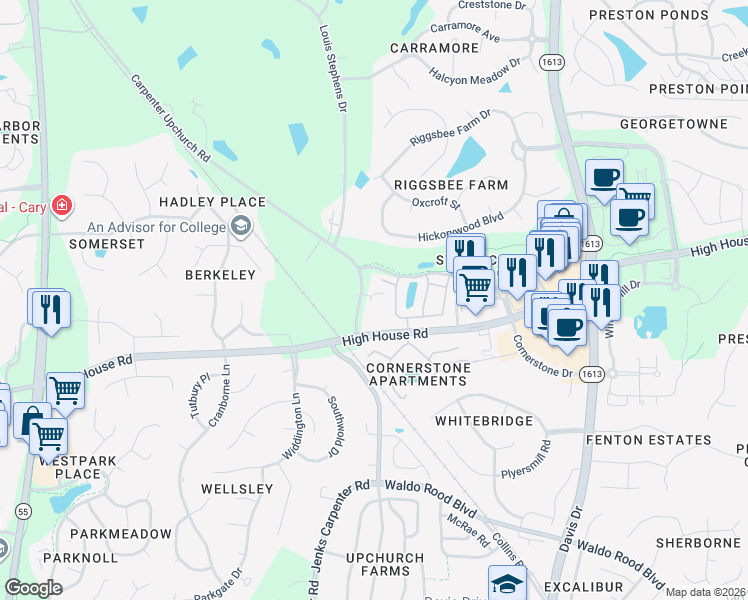 map of restaurants, bars, coffee shops, grocery stores, and more near 2128 High House Road in Cary
