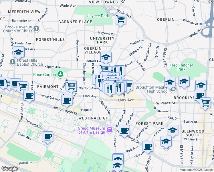 map of restaurants, bars, coffee shops, grocery stores, and more near 2105 Cameron Street in Raleigh