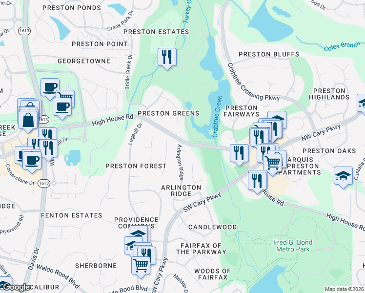 map of restaurants, bars, coffee shops, grocery stores, and more near 313 Arlington Ridge in Cary