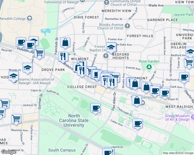 map of restaurants, bars, coffee shops, grocery stores, and more near 3107 Douglas Street in Raleigh