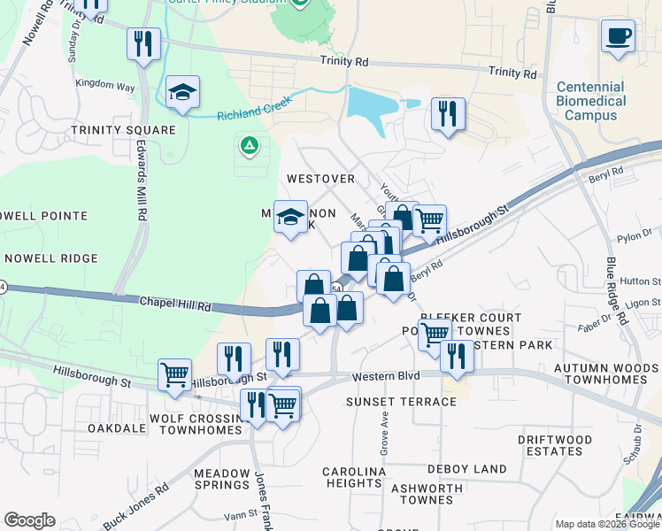 map of restaurants, bars, coffee shops, grocery stores, and more near 5403 Chapel Hill Road in Raleigh