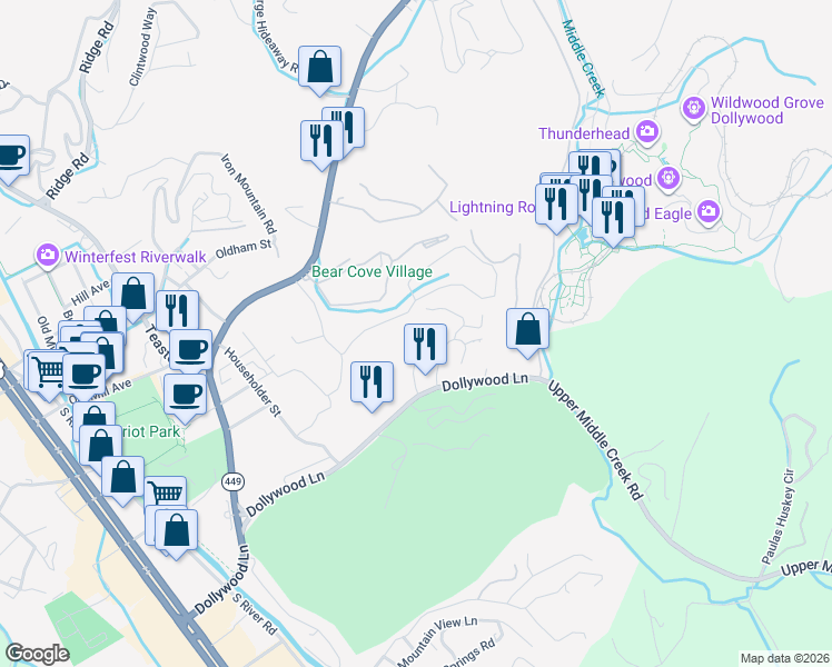 map of restaurants, bars, coffee shops, grocery stores, and more near 1640 Falls Way in Pigeon Forge