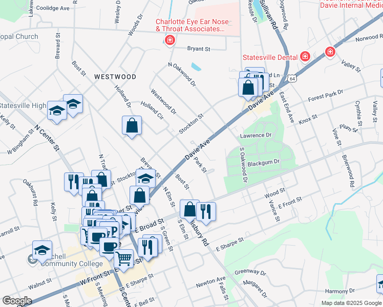 map of restaurants, bars, coffee shops, grocery stores, and more near 564 Davie Avenue in Statesville