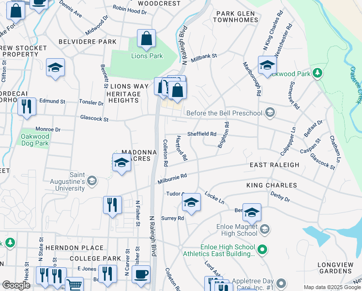map of restaurants, bars, coffee shops, grocery stores, and more near 804 Hartford Road in Raleigh