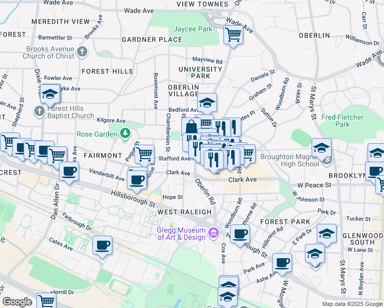 map of restaurants, bars, coffee shops, grocery stores, and more near in Raleigh