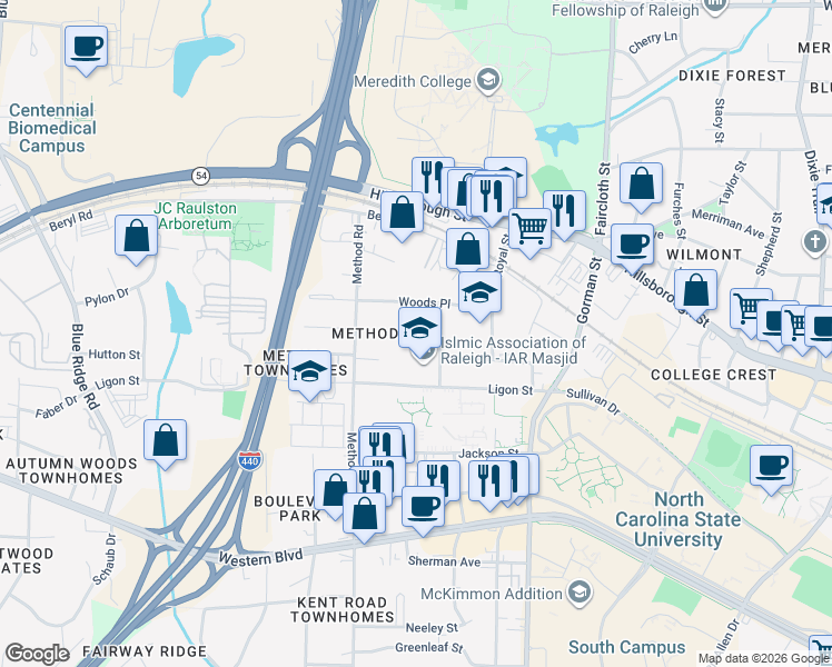 map of restaurants, bars, coffee shops, grocery stores, and more near 3011 Woods Place in Raleigh