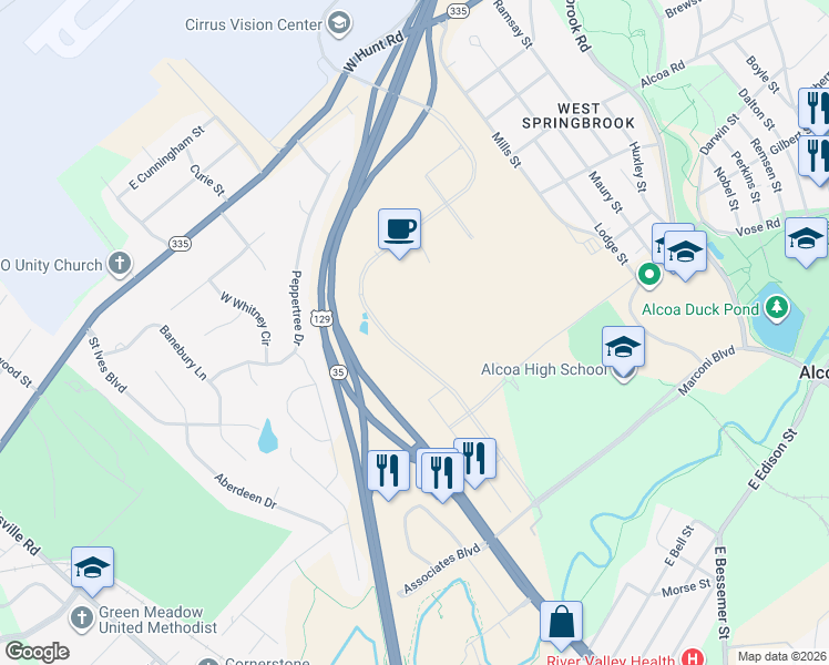 map of restaurants, bars, coffee shops, grocery stores, and more near Alcoa Hwy in Alcoa
