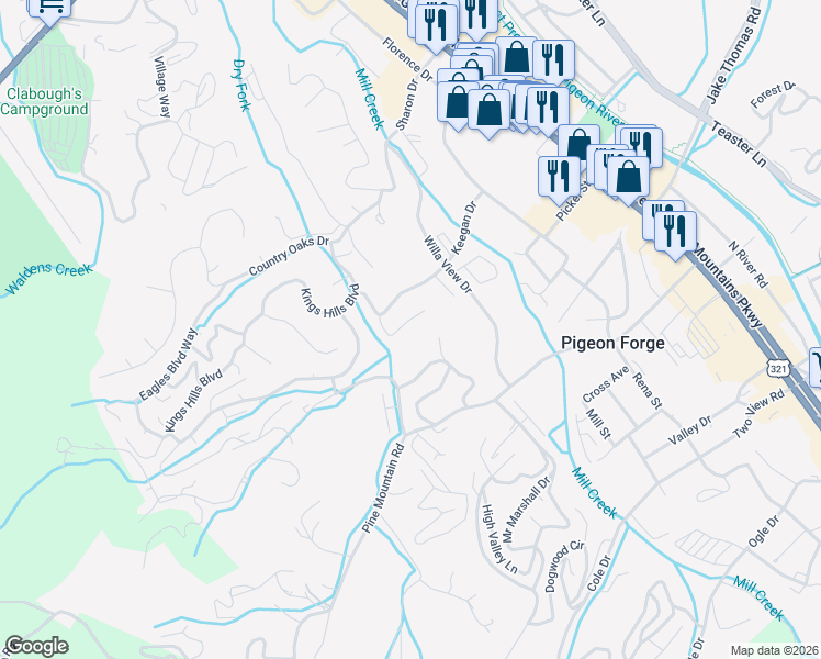 map of restaurants, bars, coffee shops, grocery stores, and more near 2838 Seth Road in Pigeon Forge