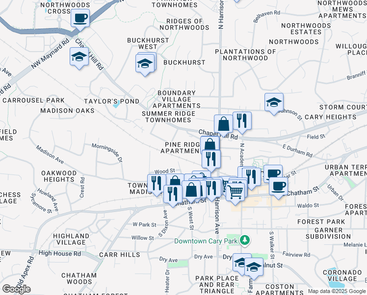 map of restaurants, bars, coffee shops, grocery stores, and more near 231 Adams Street in Cary