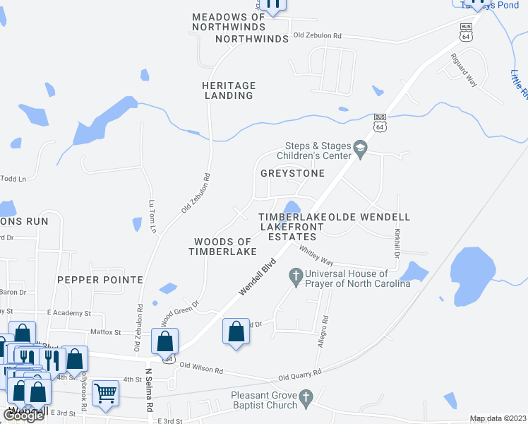 map of restaurants, bars, coffee shops, grocery stores, and more near 6 Deer Lake Trail in Wendell