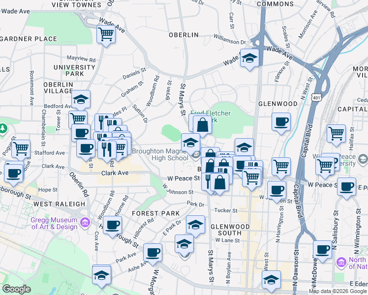 map of restaurants, bars, coffee shops, grocery stores, and more near in Raleigh