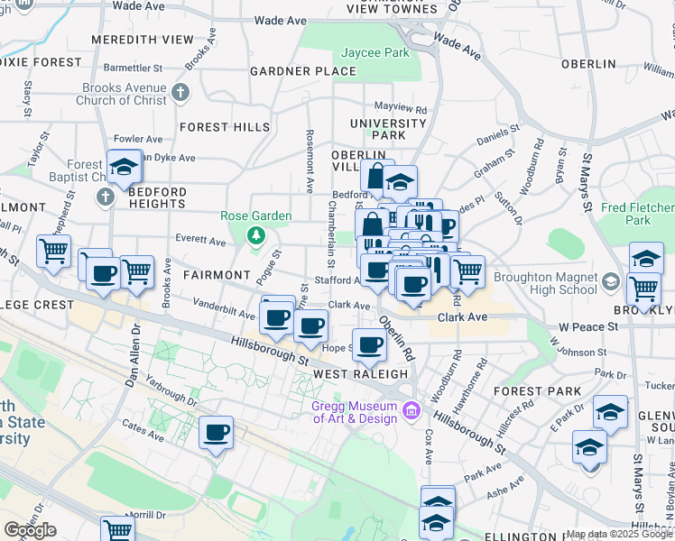 map of restaurants, bars, coffee shops, grocery stores, and more near 2305 Everett Avenue in Raleigh