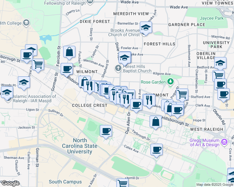 map of restaurants, bars, coffee shops, grocery stores, and more near 24 Daisy Street in Raleigh